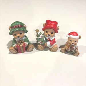 Vintage Homco Christmas Bear Figurines Set of 3 Porcelain 5175 Green Red Holiday